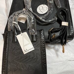 Beautiful 2 pc Set Black Hibiscus Embossed Tote Bags